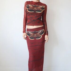 Red Maxi Skirt Set with Moth Design